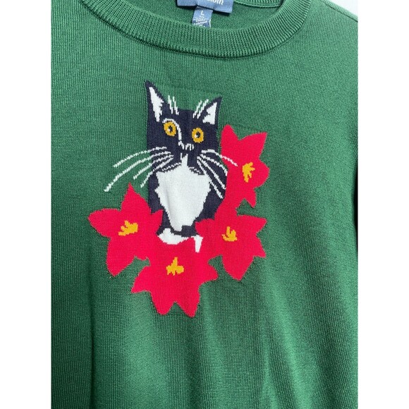 ModCloth Sweater Womens Large Green Purring in Poinsettia Graphic Pullover Cat - Picture 5 of 11